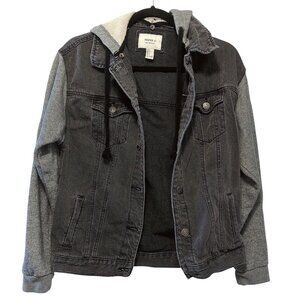Forever 21 Solid Denim Jacket Heather Gray Sleeves & Hood S